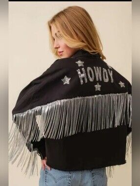 Black Fringe Jacket with Silver 'Howdy' Embellishment